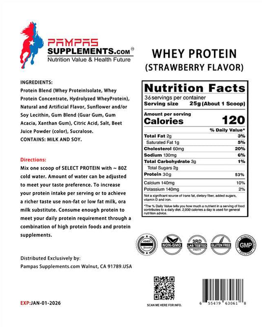 Pampas Supplements Standard 100% Whey Protein Powder, 2 Lb,Strawberry Flavor, 30G Protein, 6.5G BCAA