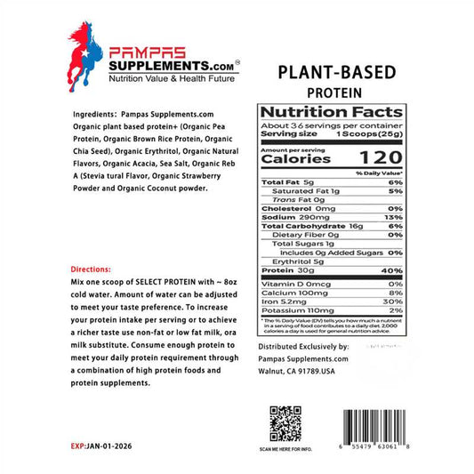 Pampas Supplements.com Vegan Protein Powder, Strawberry flavor, 2 LB - 30g Plant Protein, 7g Prebiotic Fiber, No Lactose Ingredients, Non-GMO, Sport Protein,for Shakes & Smoothies