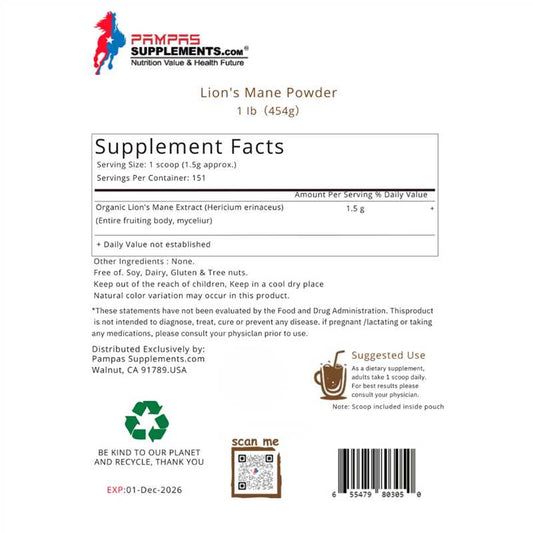 Pampas Supplements Lions Mane Mushroom Supplement Powder 1lb